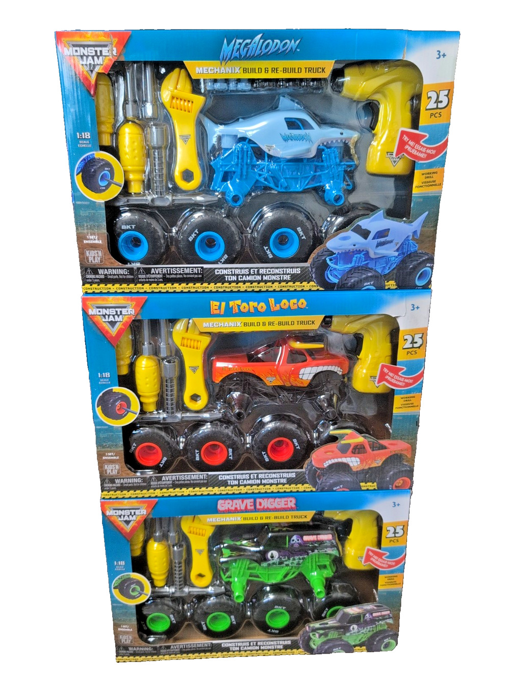 Monster Jam Mechanix Grave Digger Toro Loco Megalodon Re-Build Truck 1:18 Lot 3